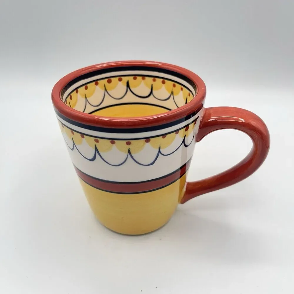 Pier 1 Del Sol Collection Coffee Cup, Hand Painted. Yellow And Orange Design.